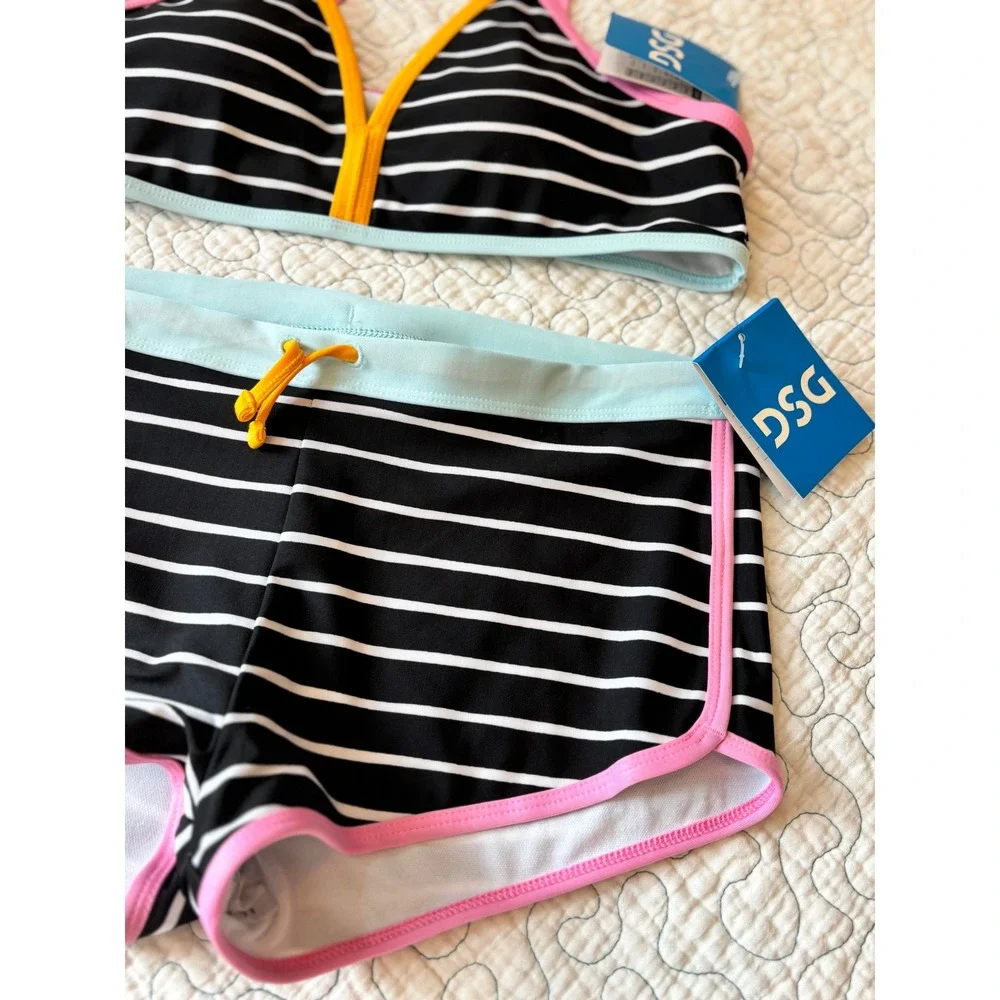 DSG Girls‎ Size XL Two Piece Swimsuit Black White Stripe